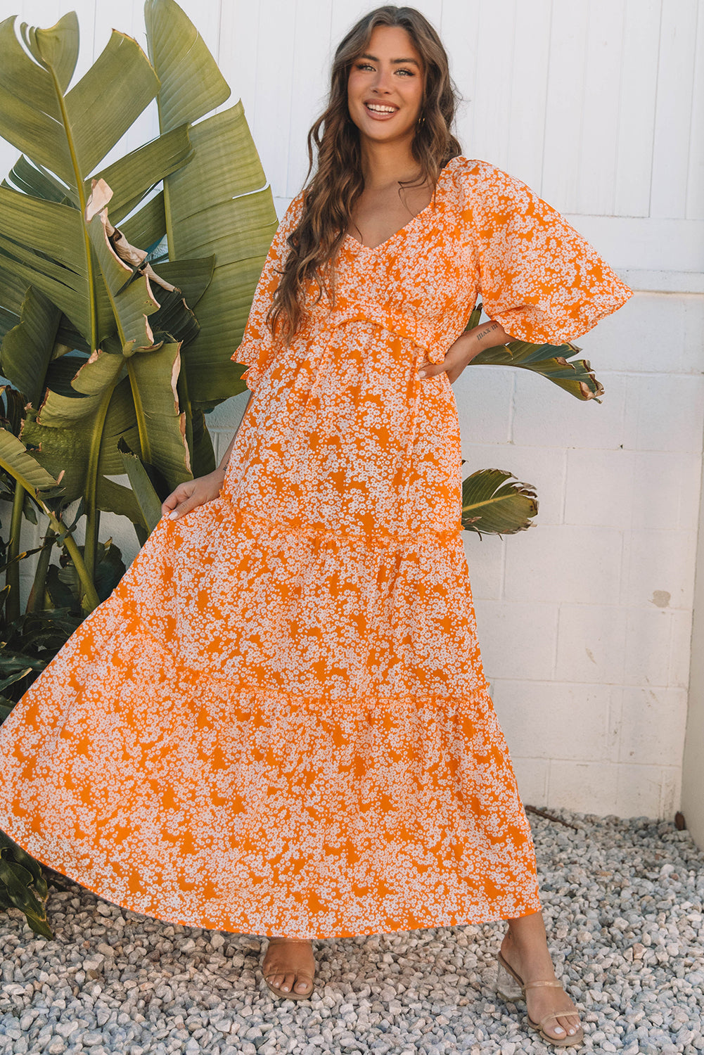 Floral Smocked V-Neck Wide Sleeve Maxi Dress