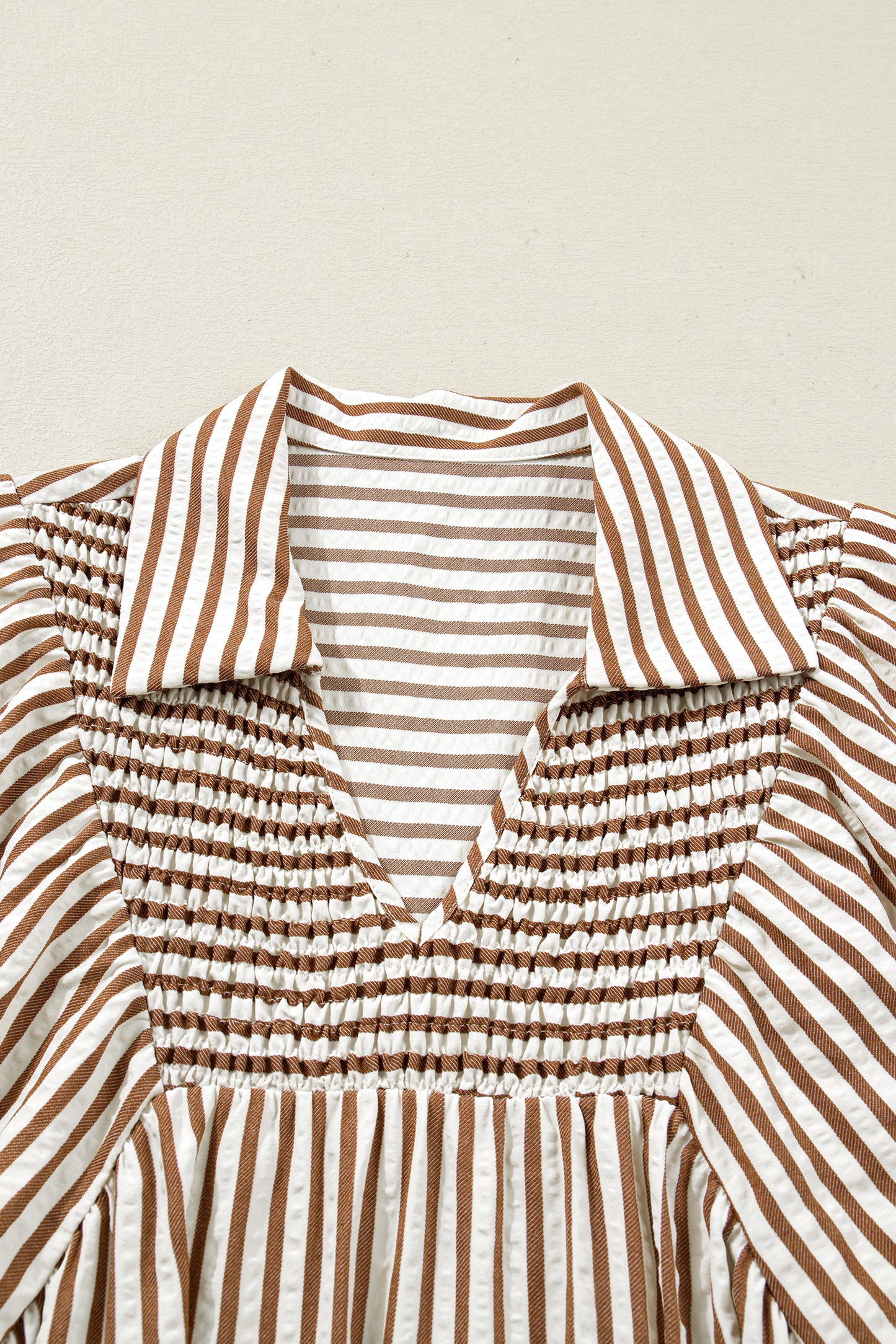 Stripe Shirred V-Neck Short Puff Sleeve Blouse