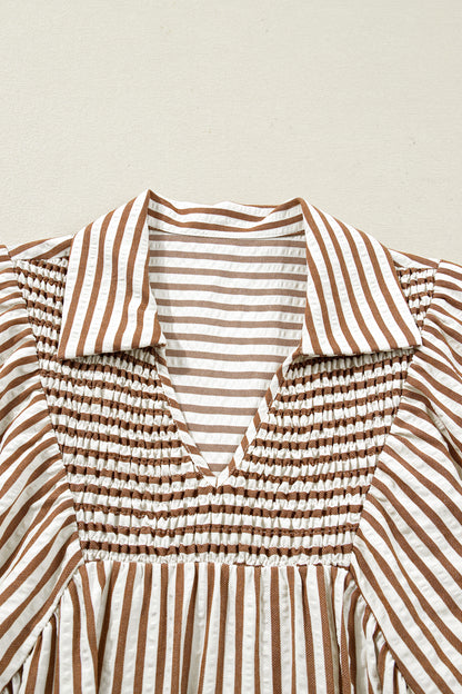 Stripe Shirred V-Neck Short Puff Sleeve Blouse