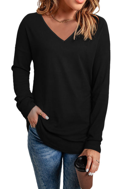 Solid V-Neck Long Sleeve Top