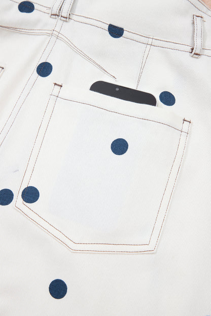 Polka Dot Denim Barrel Leg Overalls Jumpsuit
