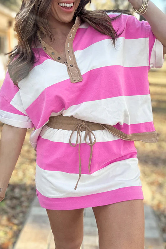 Stripe Raw Edge Polo Tee & Mini Skirt Set