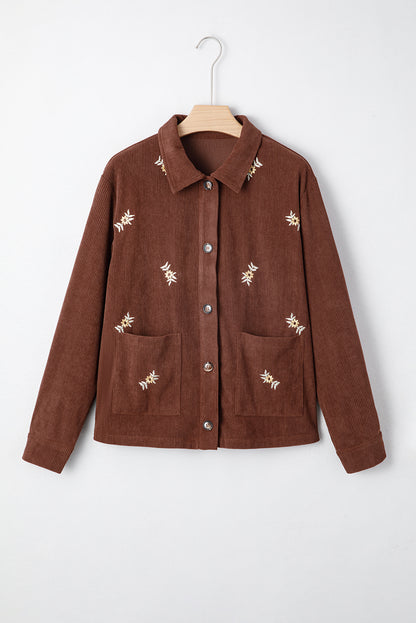 Floral Corduroy Embroidered Button-Front Jacket