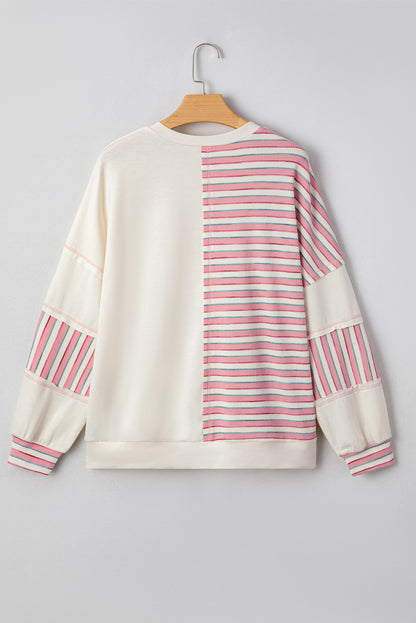Khaki Stripe Stitched Detail Color Block Patchwork Oversized Pullover Top