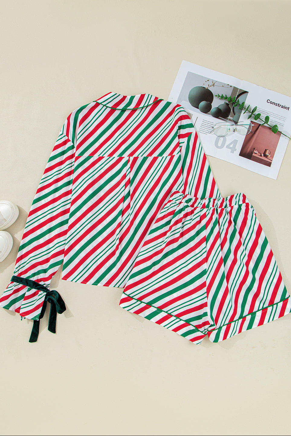 Christmas Stripe Velvet Bow Cuffs Pajama Set