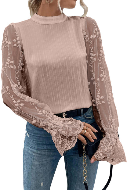 Ribbed Lace Long Sleeve Blouse