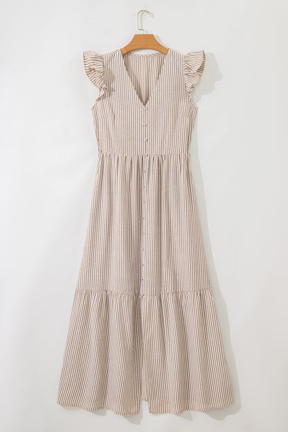 Stripe Flutter Sleeve Buttoned V-Neck Maxi Dress