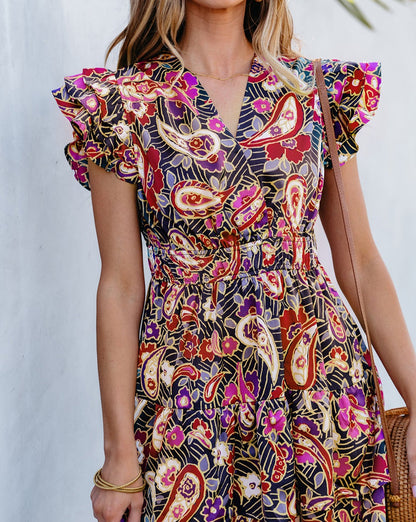 Paisley Flutter Sleeve Tiered Dress