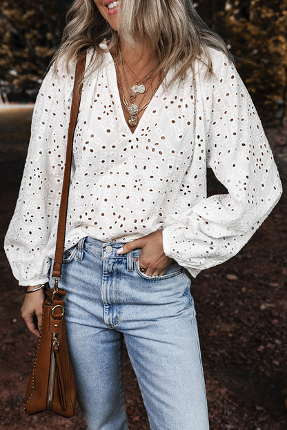 Eyelet Embroidered Puff Sleeve Blouse