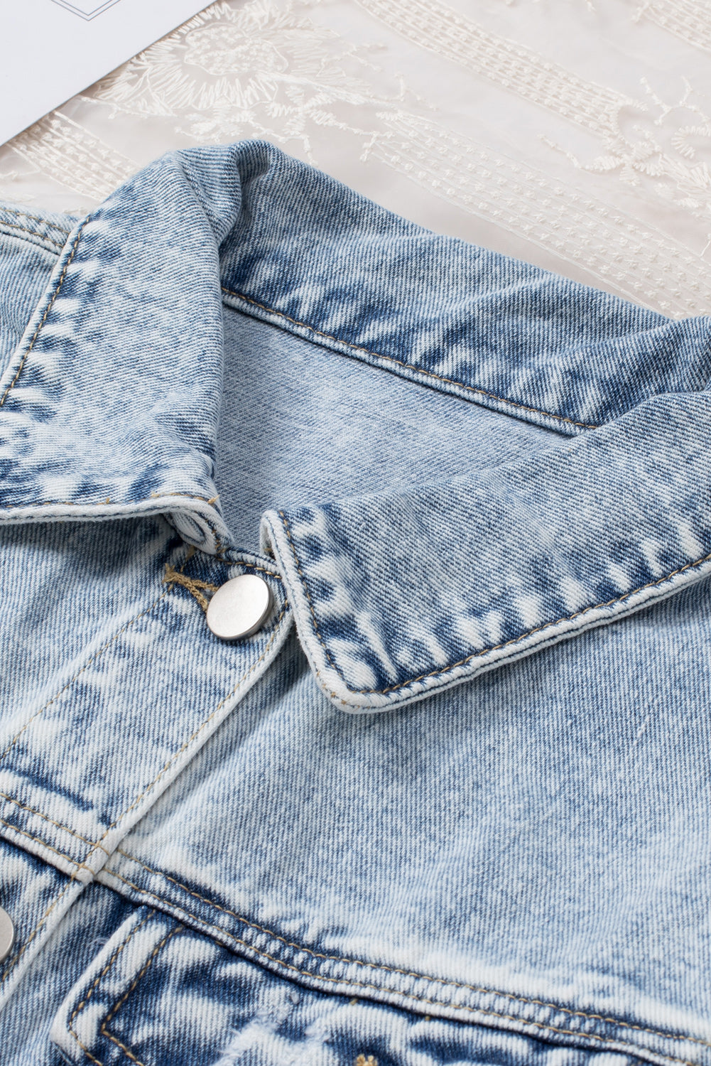 Denim Lapel Distressed Raw Hem Buttoned Jacket