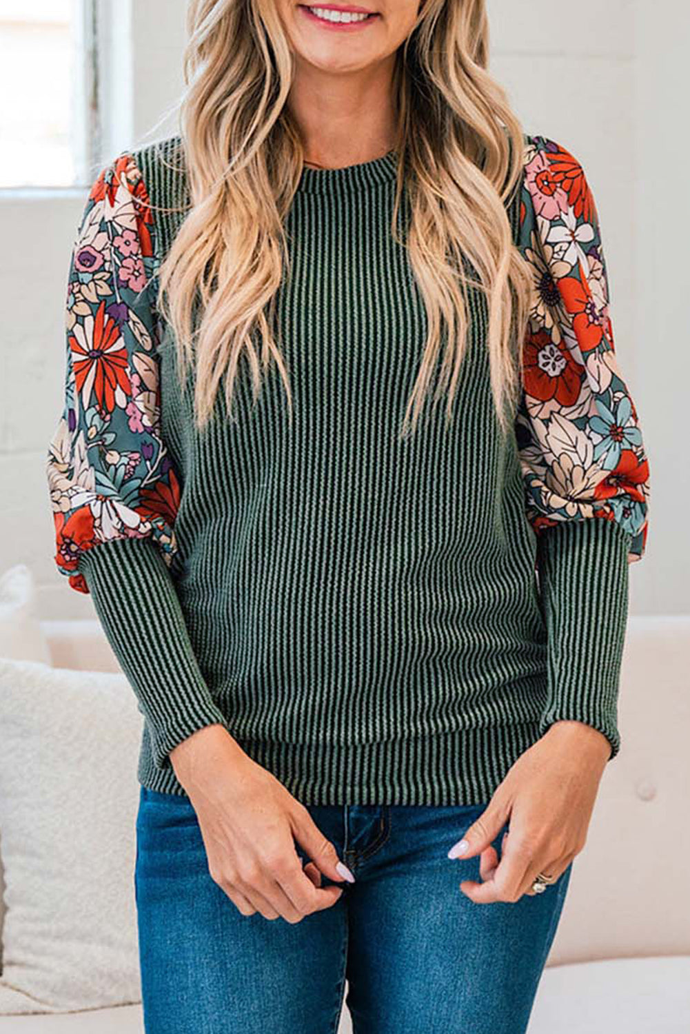 Floral Colorblock Bishop Sleeve Top