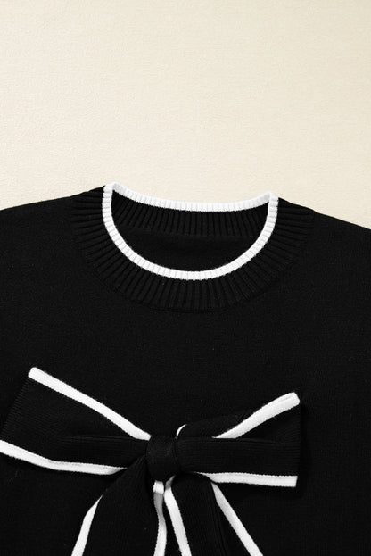 Bow Tie Contrast Trim Cropped Sweater