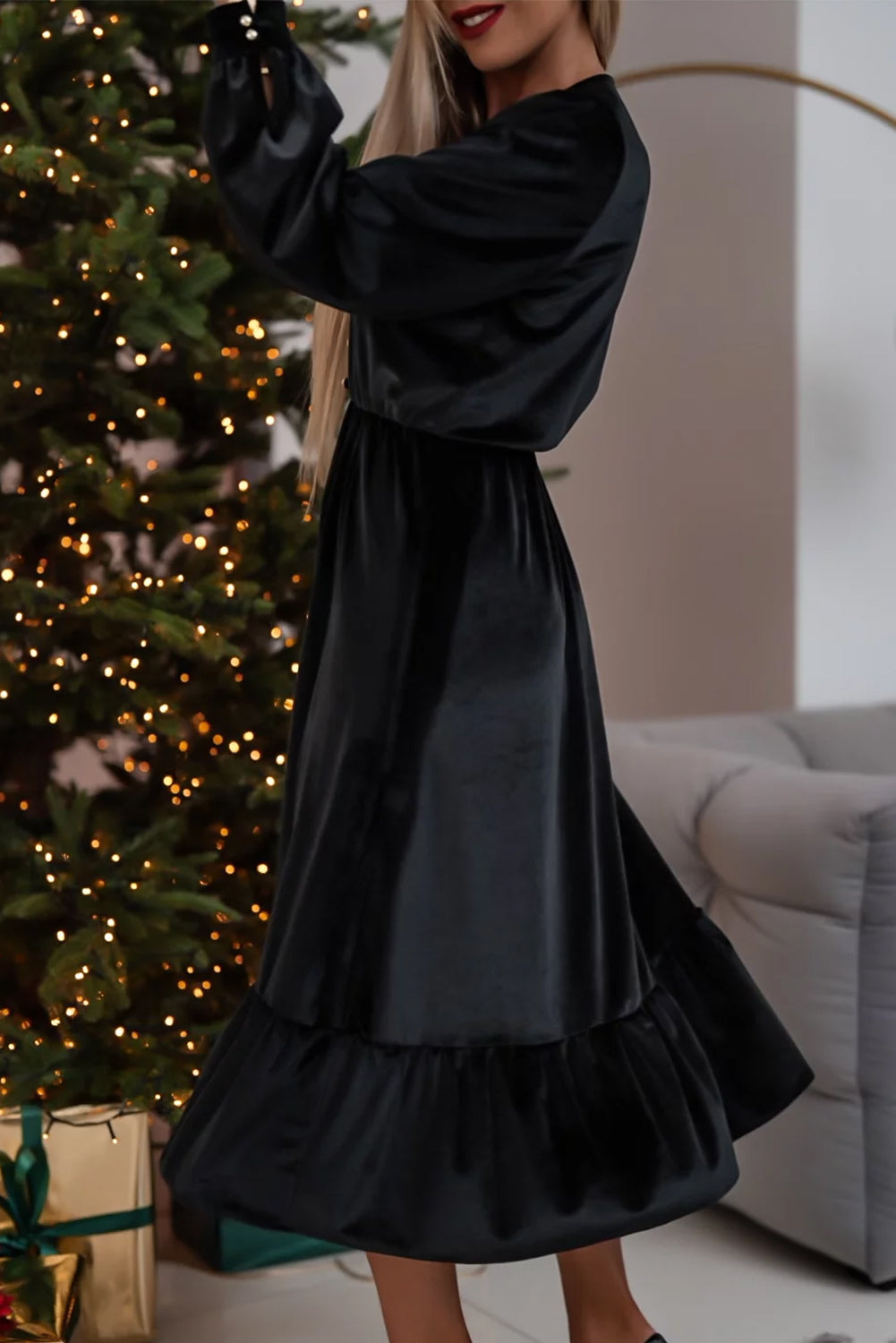 Velvet Puff Sleeve Midi Dress