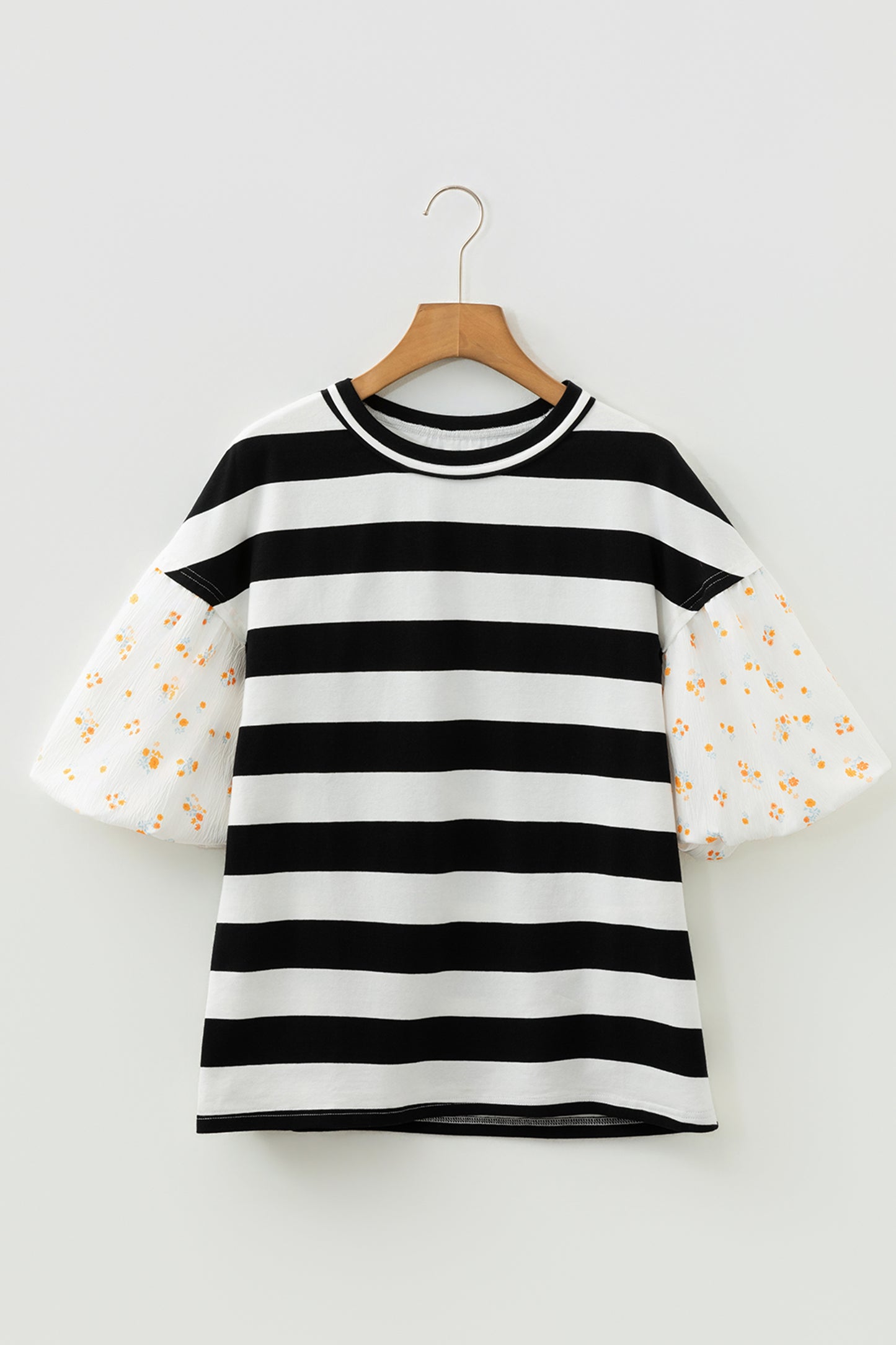 Stripe Floral Patchwork Puff Sleeve Blouse