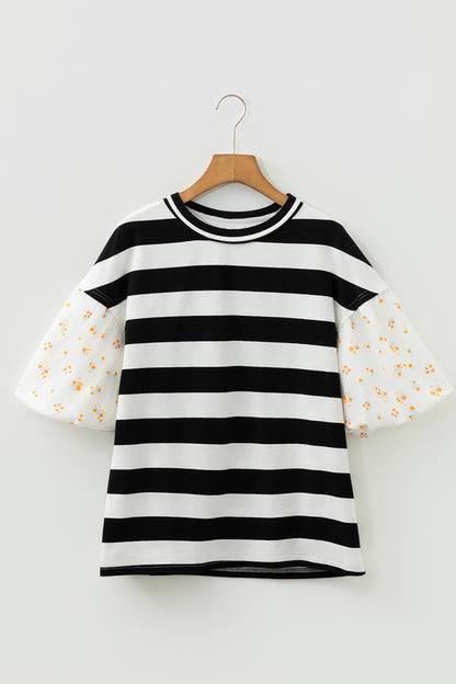 Stripe Floral Patchwork Puff Sleeve Blouse