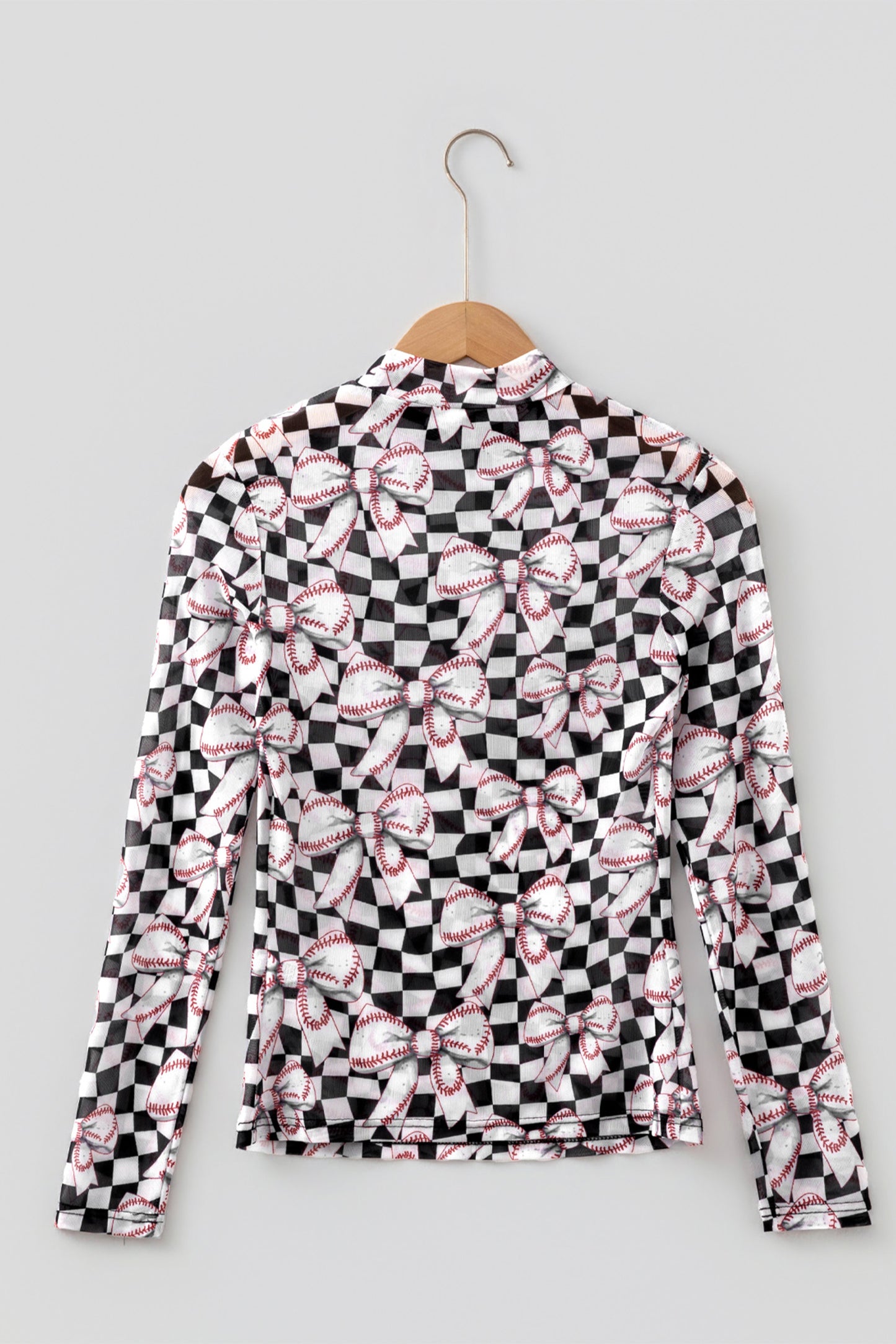 Checker Baseball Bow High Neck Long Sleeve Mesh Top