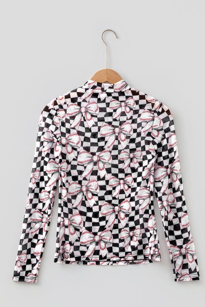 Checker Baseball Bow High Neck Long Sleeve Mesh Top