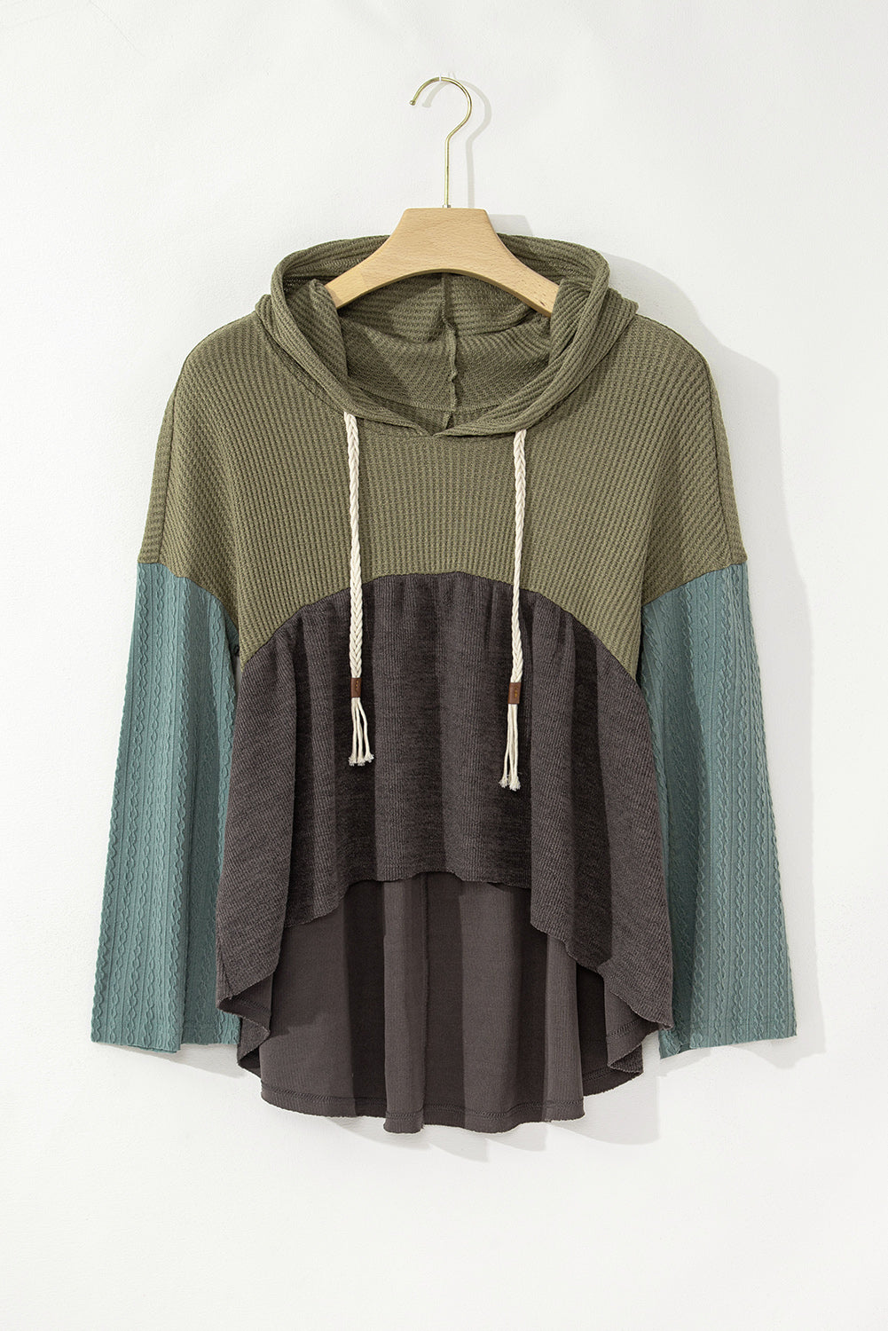 Colorblock Textured High Low Hooded Top