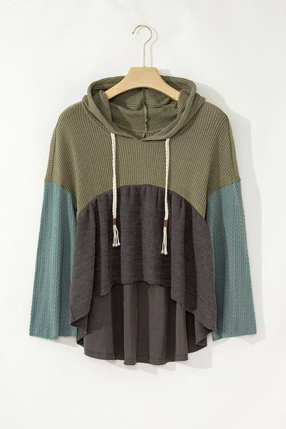 Colorblock Textured High Low Hooded Top