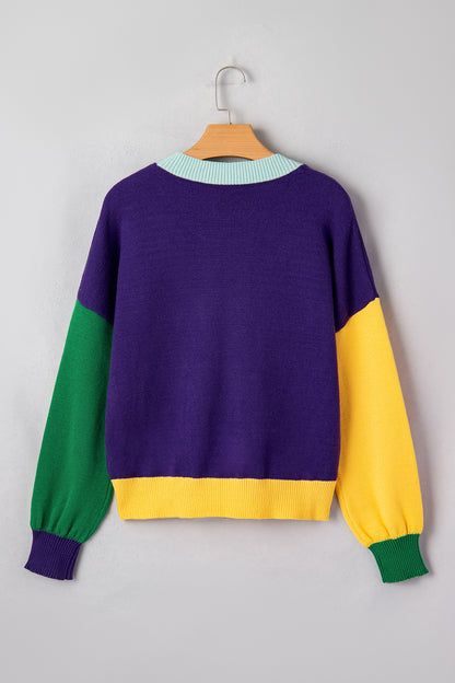 Mardi Gras Colorblock Fuzzy Patchwork Sweater