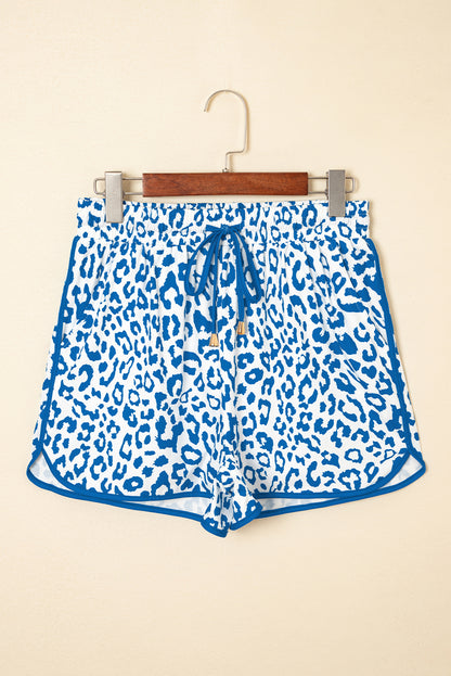 Leopard Contrast Trim Elastic Waist Drawstring Shorts