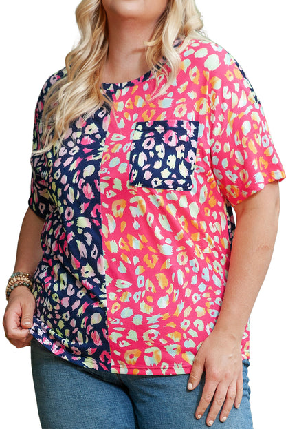 Plus Size Colorblock Leopard Short Sleeve Top