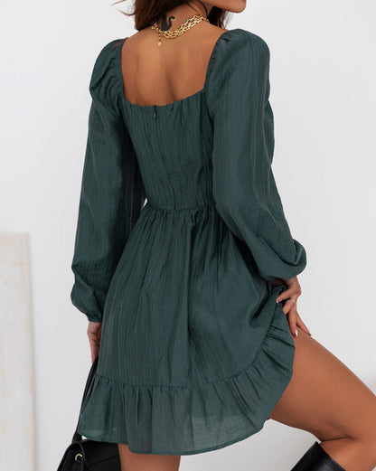 Ruched Square Neck Puff Sleeve Dress