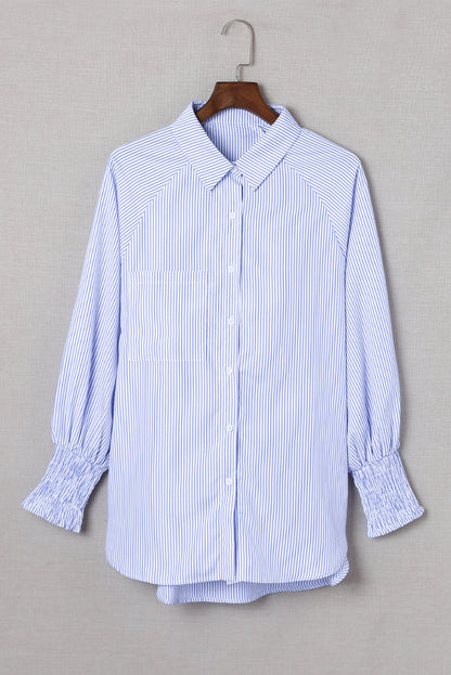 Stripe Smocked Long Sleeve Button-Up Shirt