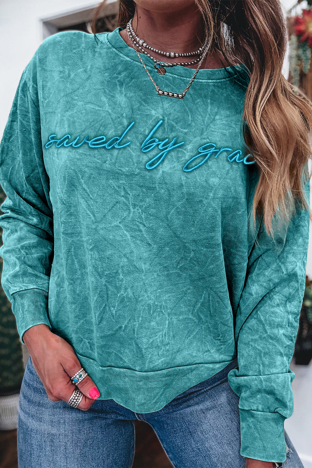 Saved by Grace Embroidered Mineral Wash Loose Sweatshirt
