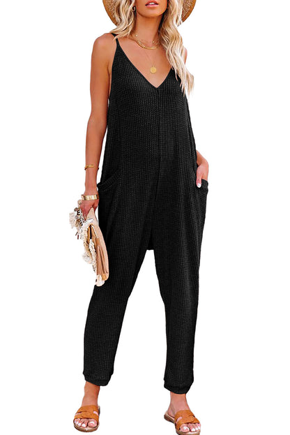 Waffle Sleeveless V-Neck Pocketed Jumpsuit