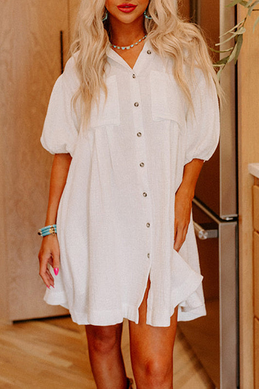 Puff Sleeve Buttoned Shirt Dress