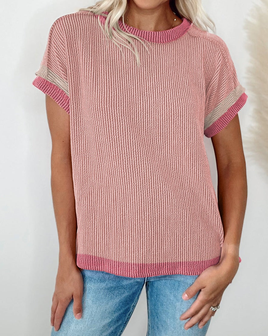 Corded Textured Contrast Trim T-Shirt