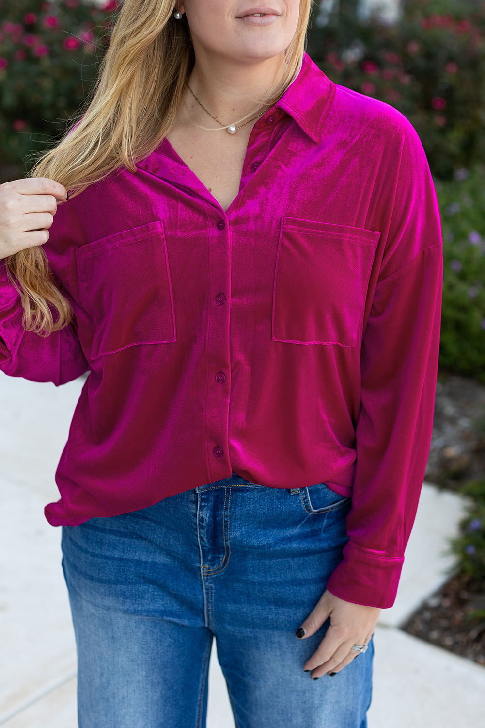 Plus Size Velvet Button-Up Pocketed Drop Shoulder Shirt
