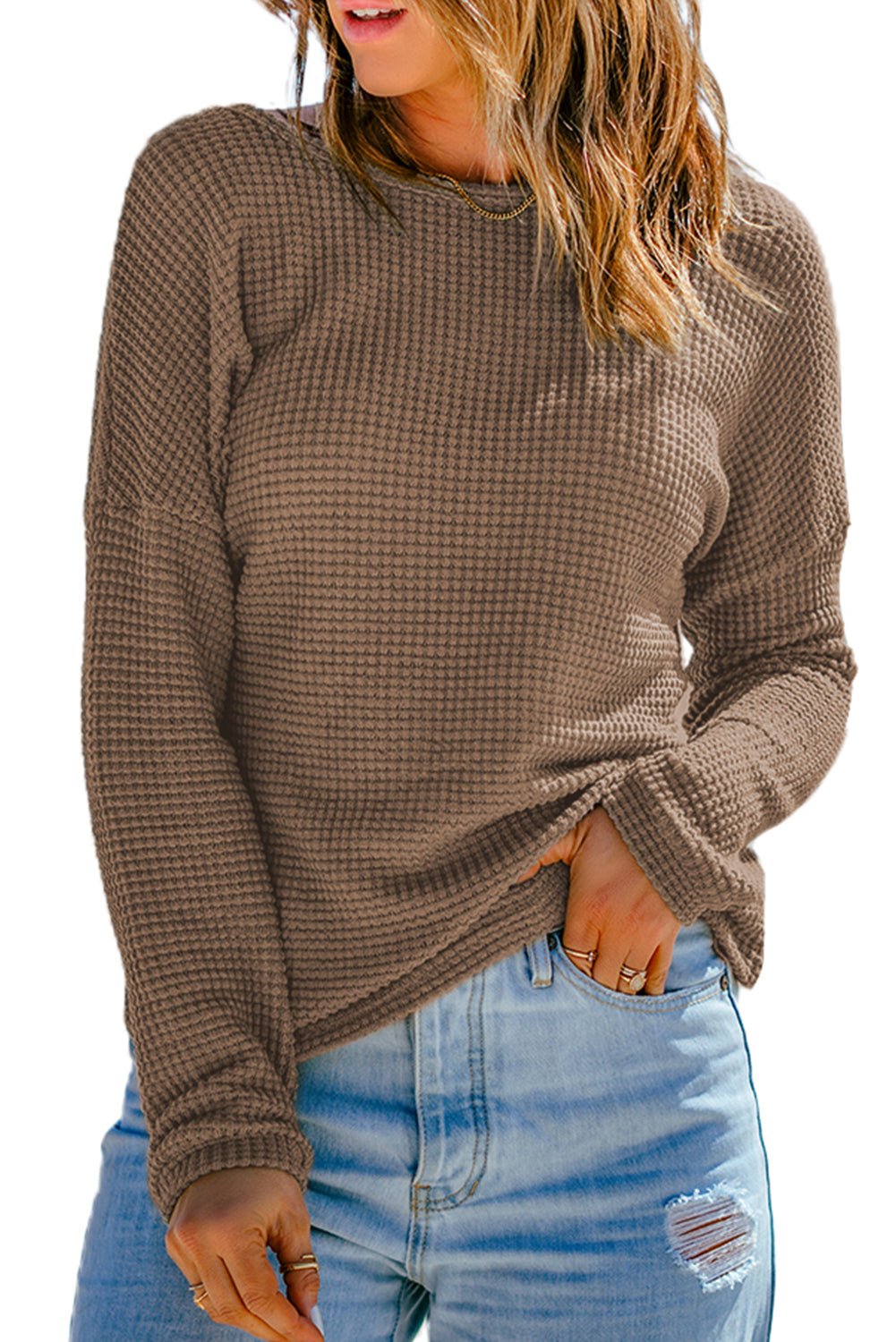 Waffle Drop Shoulder Long Sleeve Top