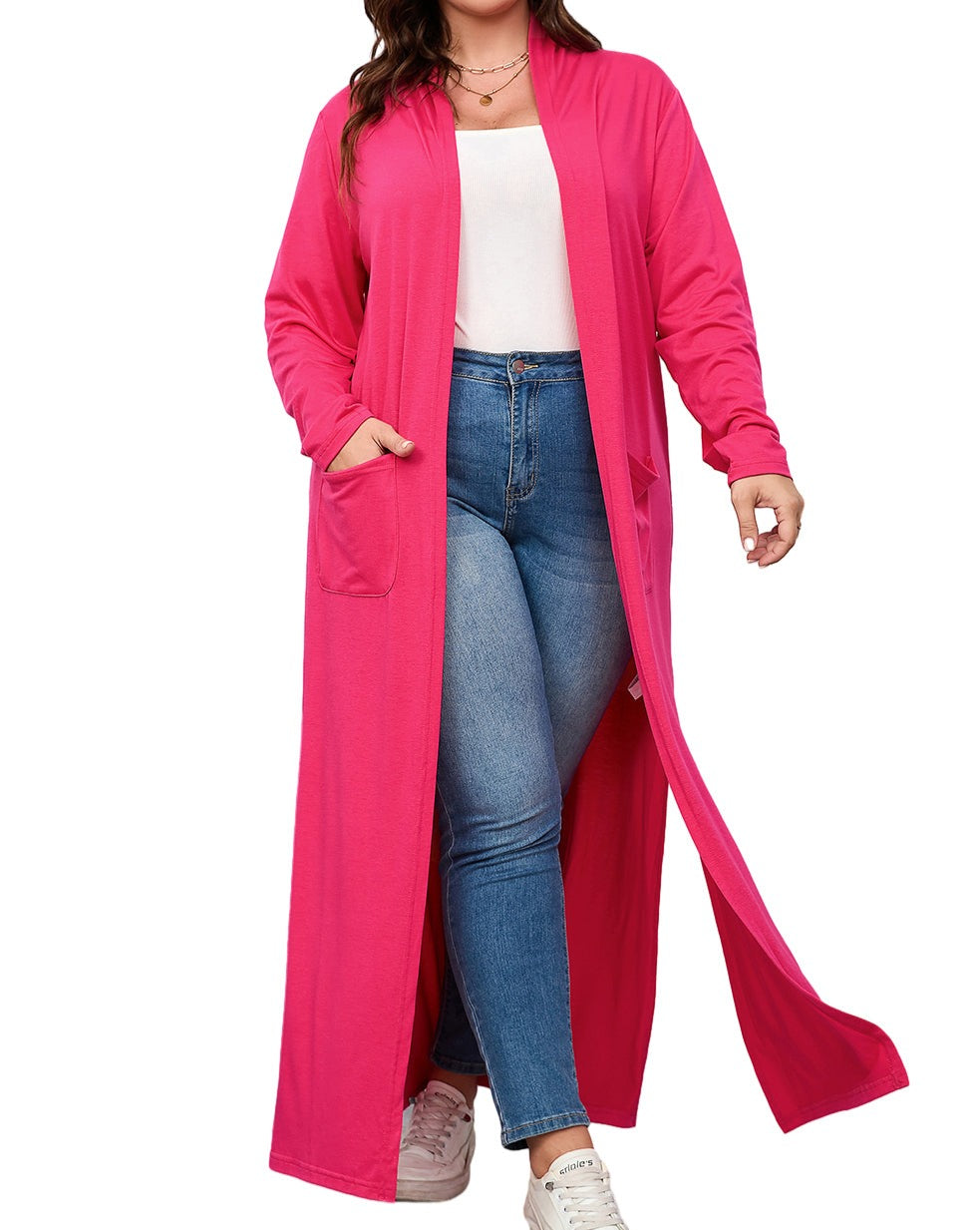 Side Slit Pocketed Duster Cardigan Plus Size