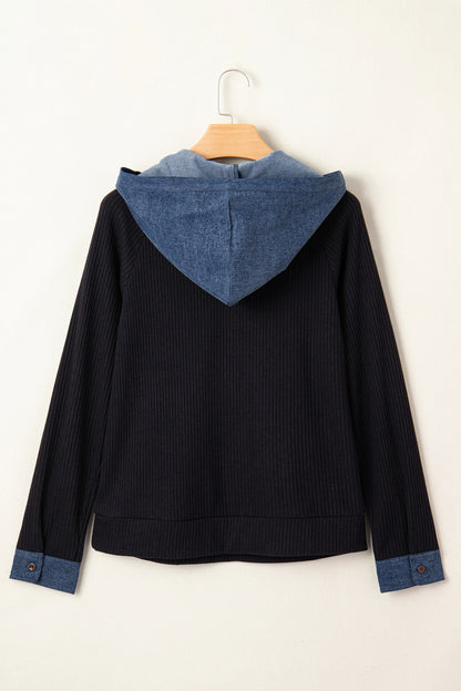 Ribbed Knit Contrast Denim Patchwork Hooded Top