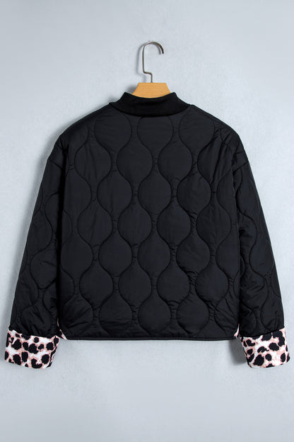 Leopard Cuff Quilted Button Down Puffer Jacket