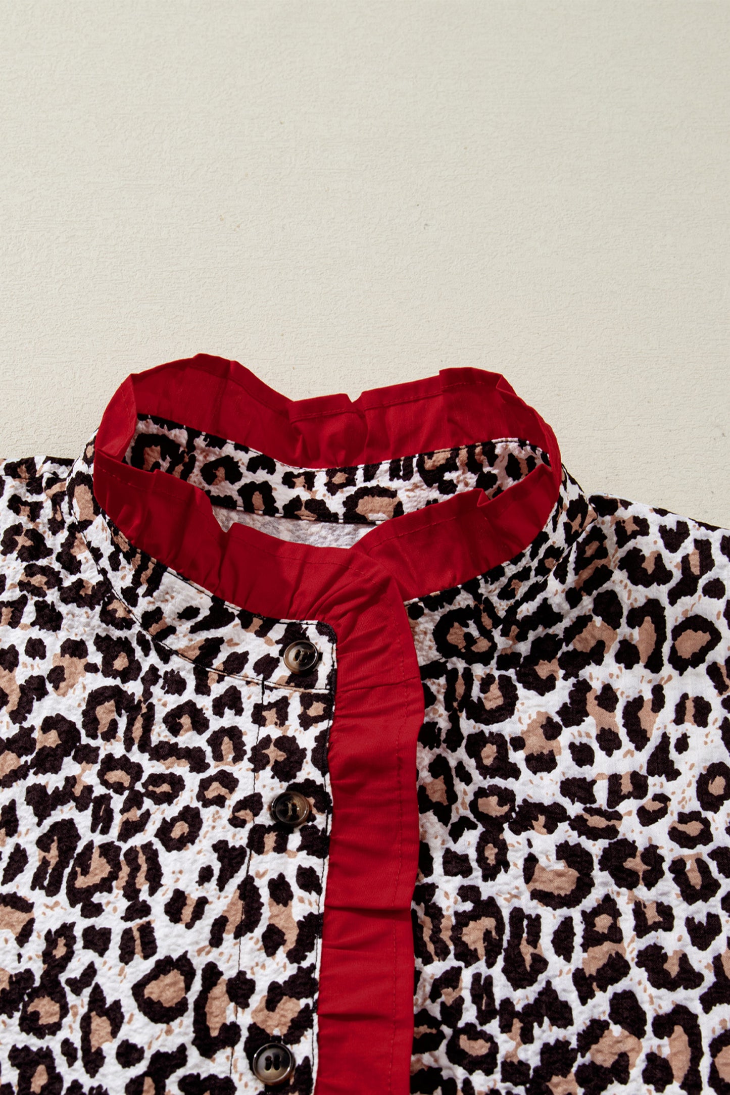 Leopard Contrast Trim Frilled V-Neck Shirt