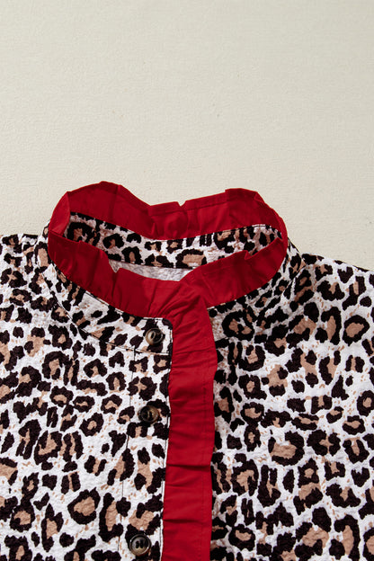 Leopard Contrast Trim Frilled V-Neck Shirt