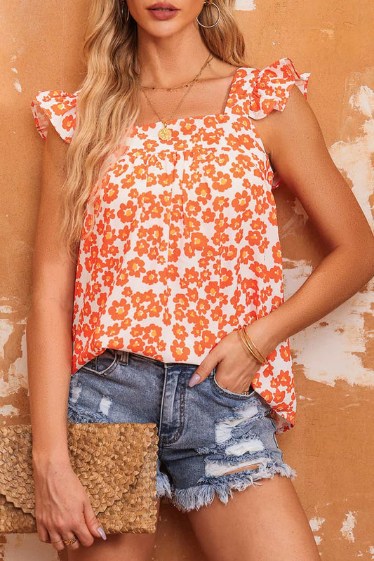 Floral Ruffle Shoulder Tank Top