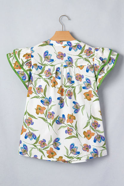 Floral Ruffle Sleeve Pleated Button Up V-Neck Blouse