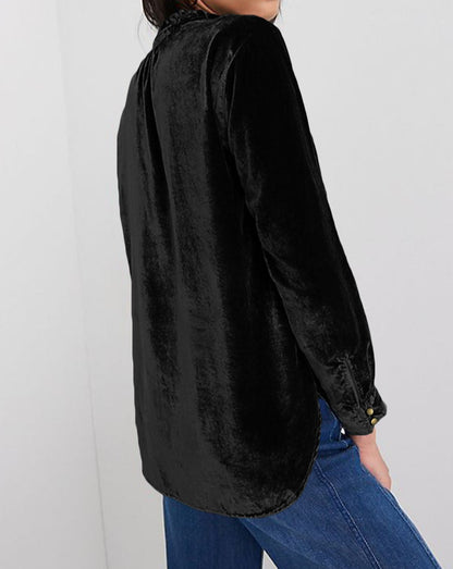 Velvet Frilled Neck Buttoned Top