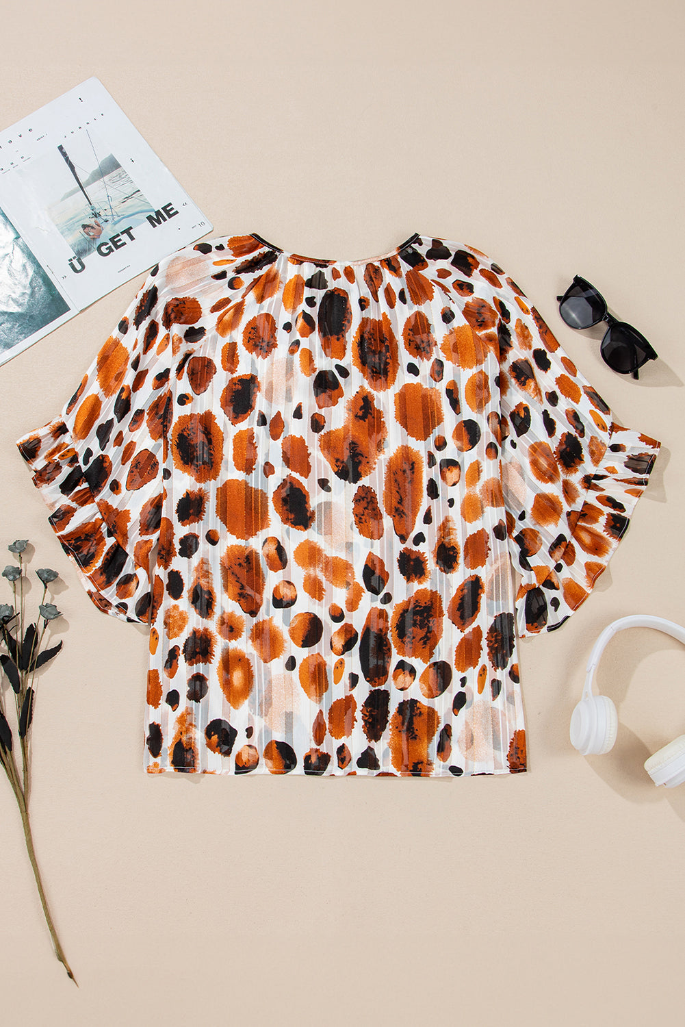 Abstract Spots Ruffle 3/4 Sleeve Blouse