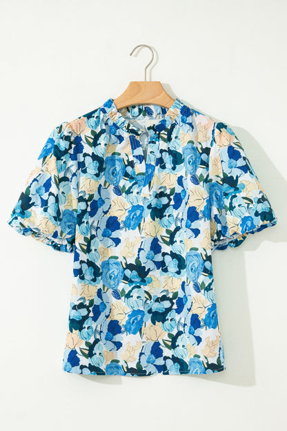 Floral Puff Sleeve V-Neck Short Blouse