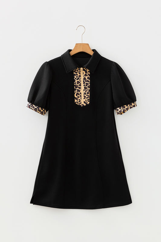 Leopard Patchwork Zip Collared Puff Sleeve Mini Dress