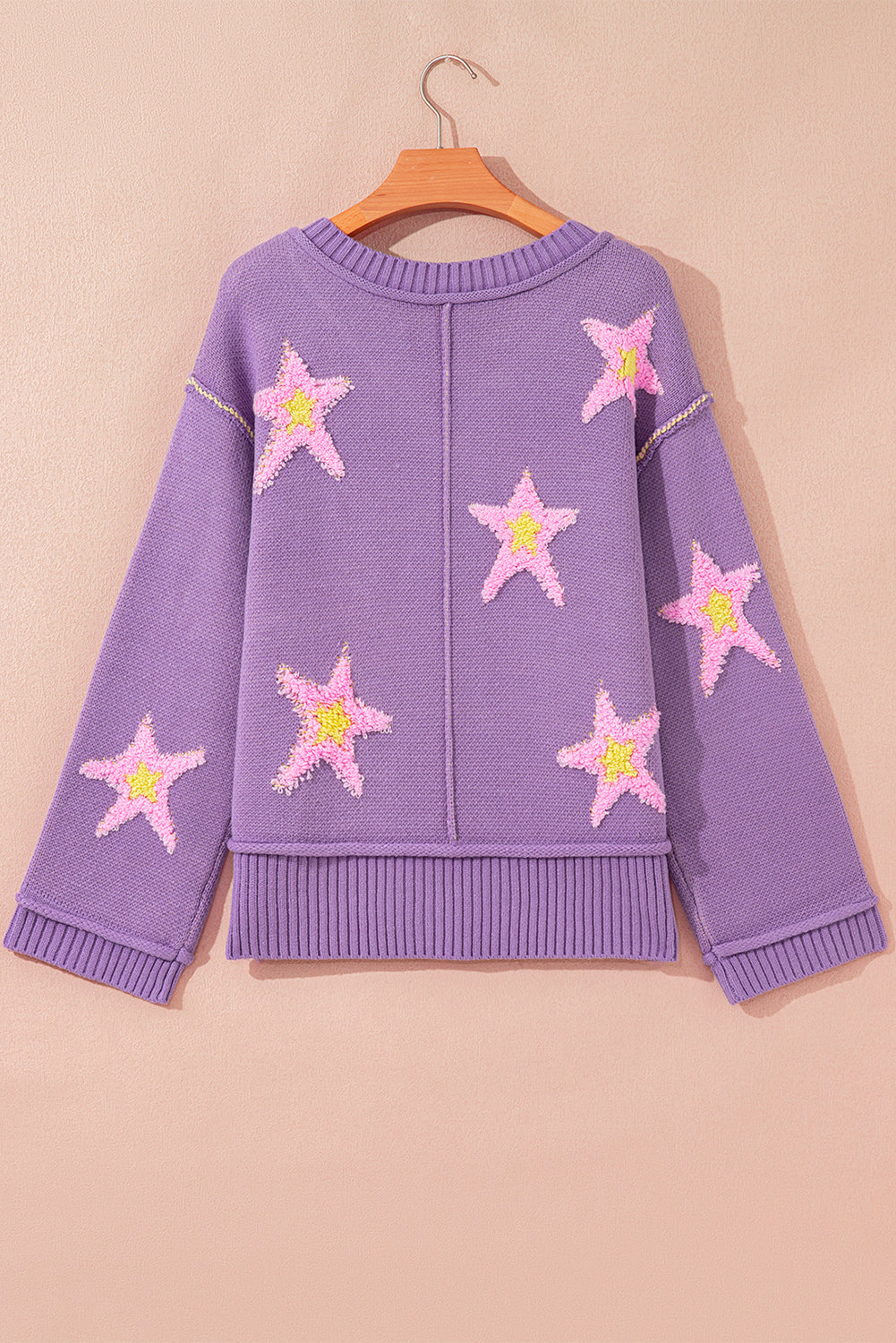 Star Textured V-Neck Drop Shoulder Oversized Sweater