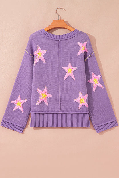 Star Textured V-Neck Drop Shoulder Oversized Sweater