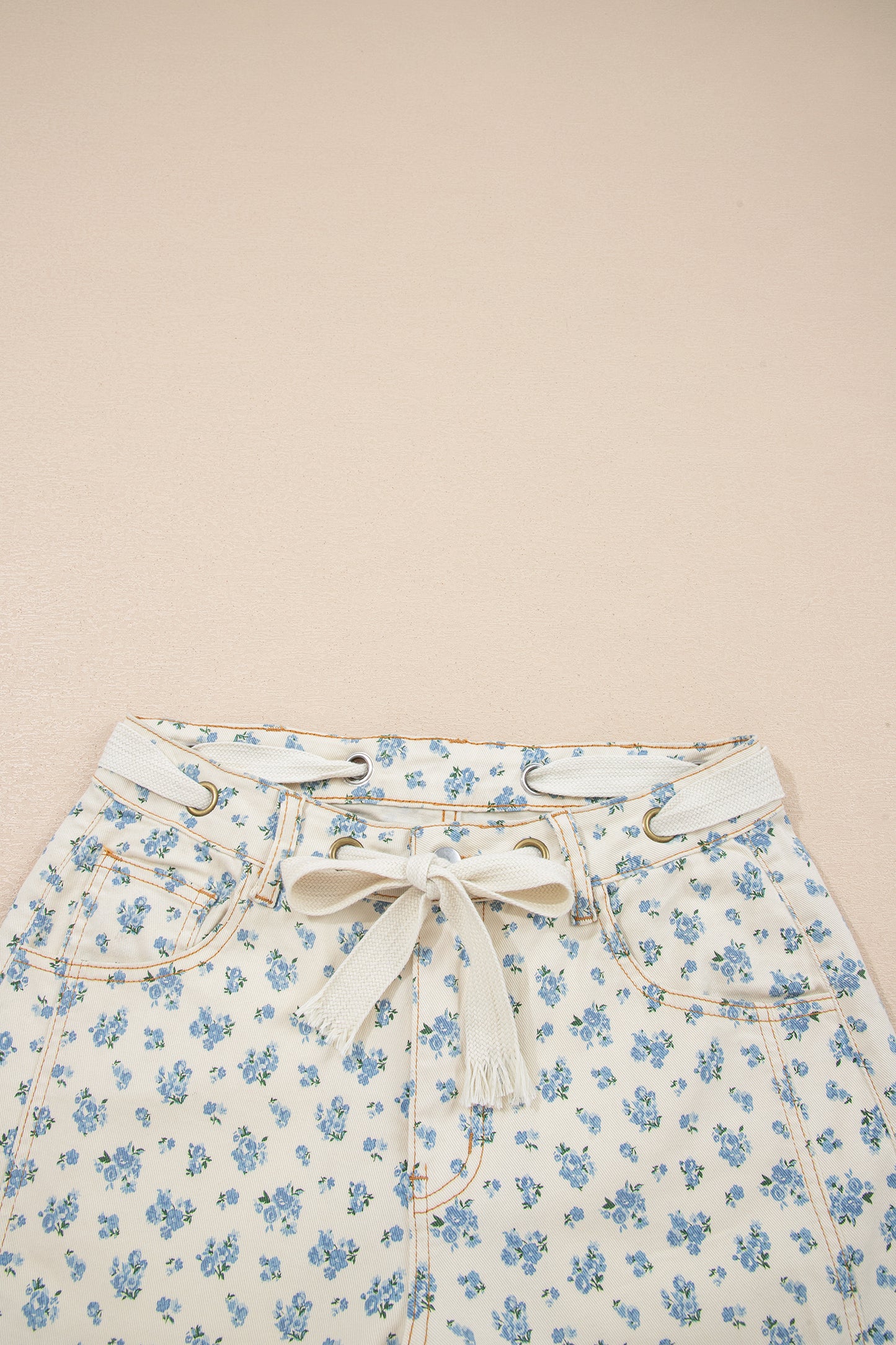 Floral Grommet Knot Waist Barrel Leg Jeans