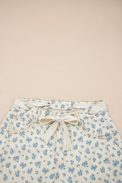 Floral Grommet Knot Waist Barrel Leg Jeans