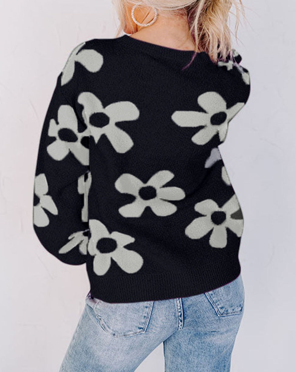 Floral Ribbed Trim Crewneck Sweater